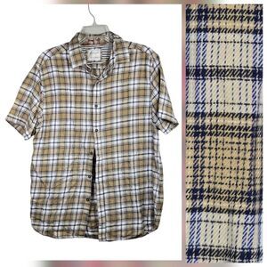 Denim & Flower Short Sleeve Button Down Men's Soft Tan Plaid Cotton Shirt Casual